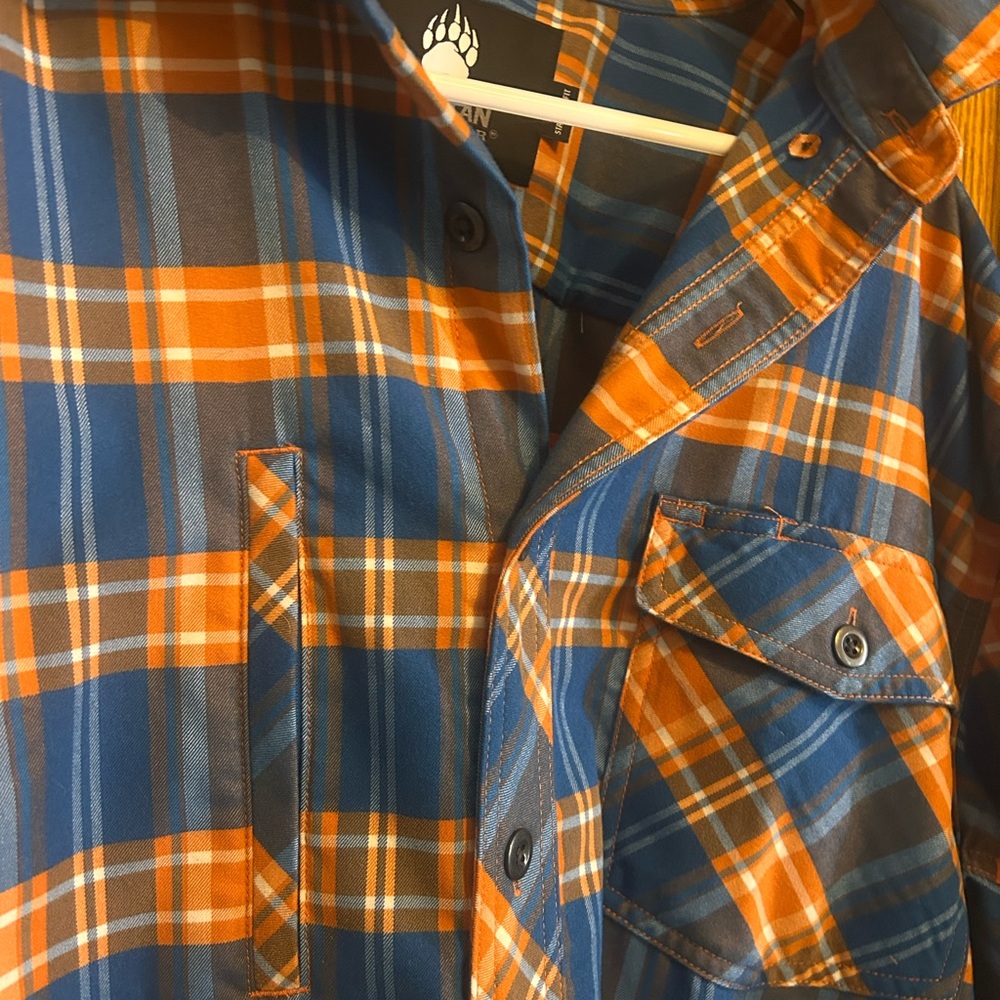 Duluth Trading Co Alaskan Hardgear Boars nest Plaid Shirt - Orange and Blue XLT